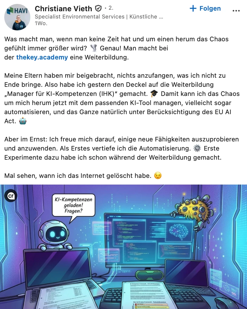 LinkedIn-Beitrag von Christiane Vieth über ihre Weiterbildung Manager für KI-Kompetenzen (IHK)