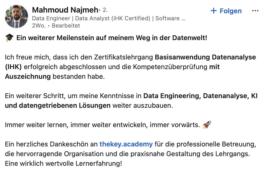 LinkedIn-Beitrag von Mahmoud Najmeh über seinen Abschluss im Zertifikatslehrgang Basisanwendung Datenanalyse (IHK)